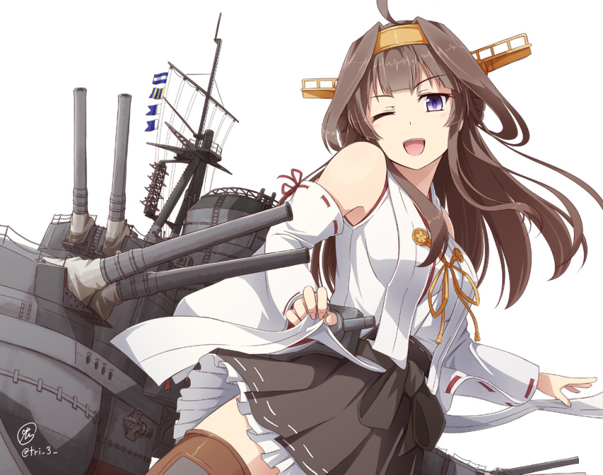 1girl, ahoge, bare_shoulders, brown_hair, detached_sleeves, double_bun, flag, funnel, hairband, headgear, kantai_collection, kongou_(kantai_collection), long_hair, looking_at_viewer, machinery, nontraditional_miko, remodel_(kantai_collection), ribbon, simple_background, skirt, solo, thigh-highs, tri, turret, violet_eyes, white_background
