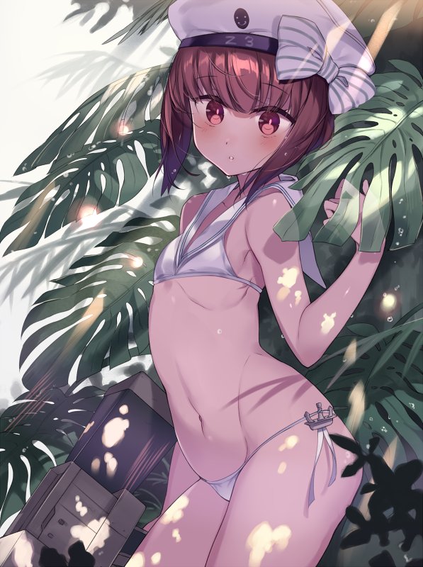 1girl, :o, arm_at_side, bangs, bare_arms, bare_shoulders, beret, bikini