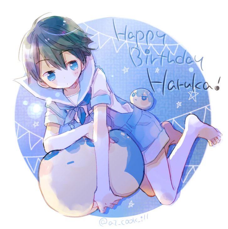 1boy, barefoot, blush, free!, happy_birthday, katagiri_atsuko, male_focus, nanase_haruka_(free!)