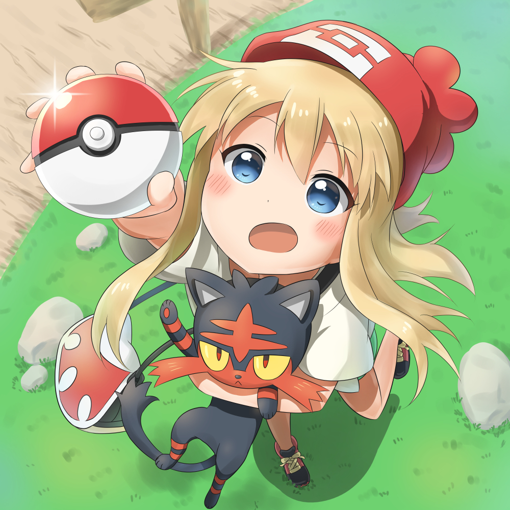 1girl, 1other, arm_up, blonde_hair, blue_eyes, casual, cat, creatures_(company)