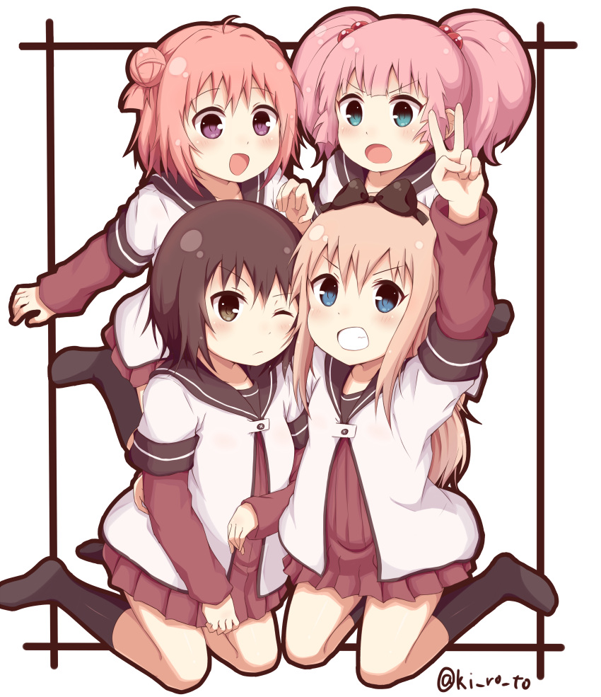 >:), 4girls, :d, absurdres, ahoge, akaza_akari, black_legwear, blonde_hair