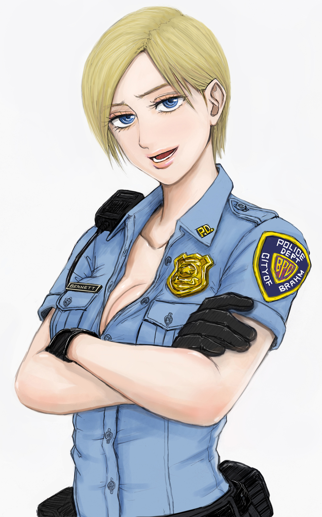 1girl, badge, bekio, belt, black_gloves, blonde_hair, blue_eyes, breasts