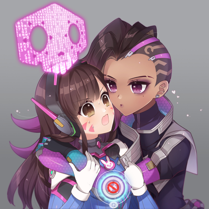 >:o, 2girls, :o, angry, arm_grab, arms_around_neck, asymmetrical_hair, atobesakunolove, bangs, black_gloves, bodysuit, breasts, brown_hair, bunny_print, d.va_(overwatch), dark_skin, earrings, eyebrows, eyebrows_visible_through_hair, eyeshadow, facial_mark, frown, gameplay_mechanics, gloves, gradient, gradient_background, gradient_hair, grey_background, headphones, heart, high_collar, highres, hologram, hug, incipient_kiss, interface, jewelry, long_hair, looking_at_another, makeup, mole, mole_under_eye, multicolored_hair, multiple_girls, open_mouth, overwatch, pilot_suit, puckered_lips, purple_hair, ribbed_bodysuit, scared, shoulder_pads, simple_background, skin_tight, small_breasts, sombra_(overwatch), stud_earrings, surprised, sweat, swept_bangs, two-tone_hair, upper_body, violet_eyes, whisker_markings, white_gloves, yuri