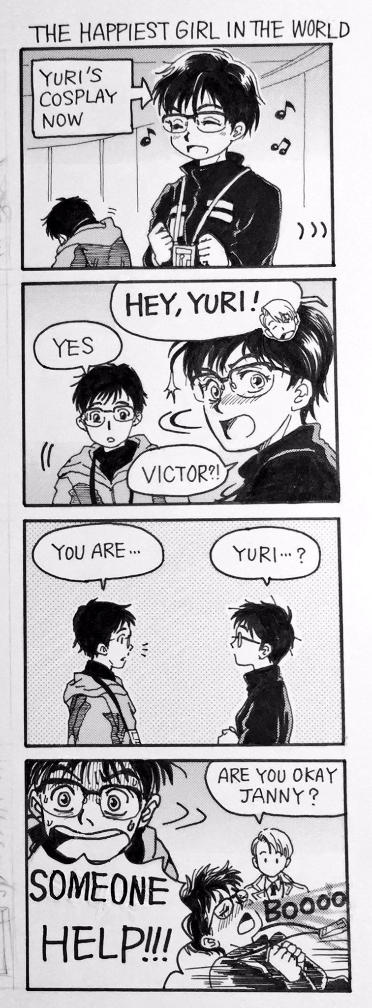 1girl, 2boys, 4koma, bespectacled, black_border, blood, border, comic, cosplay, english, evgenia_medvedeva, eyelashes, glasses, hair_over_one_eye, highres, indoors, katsuki_yuuri, katsuki_yuuri_(cosplay), monochrome, multiple_boys, nosebleed, open_mouth, real_life, scan, shaded_face, traditional_media, viktor_nikiforov, yuri!!!_on_ice