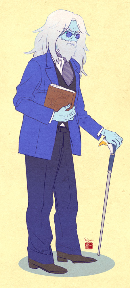 1boy, adventure_time, beard, blue_eyes, blue_skin, book, cane, contemporary