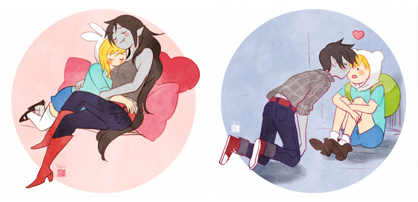 2boys, 2girls, :o, adventure_time, animal_hood, backpack, bag, bite_mark