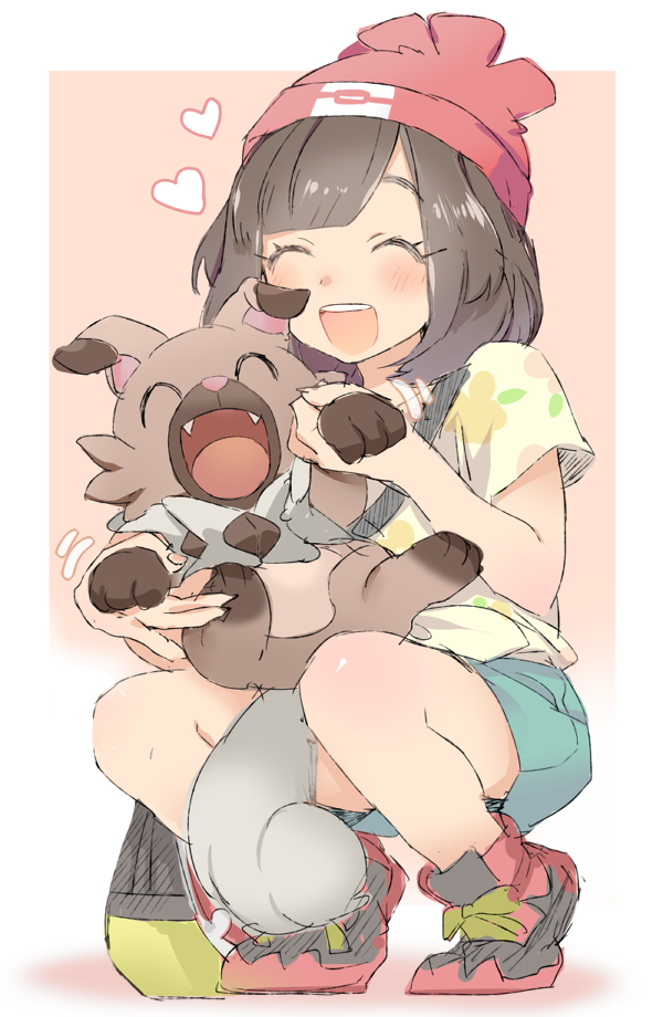1girl, :d, ^_^, bangs, beanie, blue_shorts, blush, brown_hair