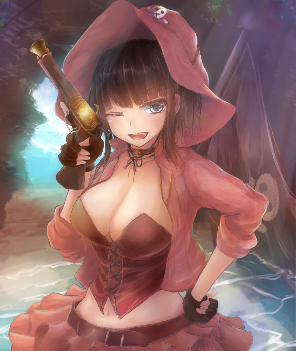 1girl, belt, black_gloves, blue_eyes, blue_sky, breasts, brown_hair, choker