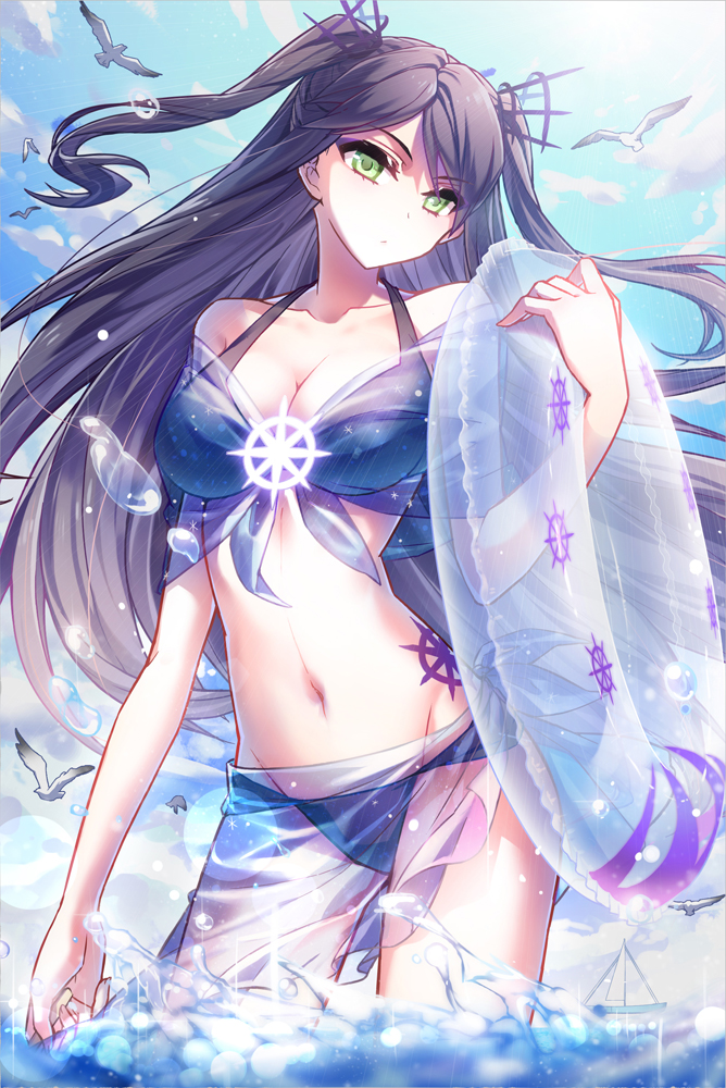 1girl, bare_shoulders, bikini, bird, bloodline, blue_bikini, blue_sky, boat