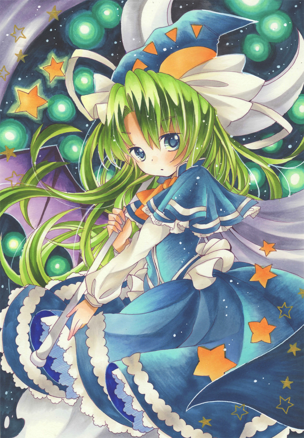 blue_dress, blue_eyes, bow, capelet, crescent, dress, ghost_tail, green_hair
