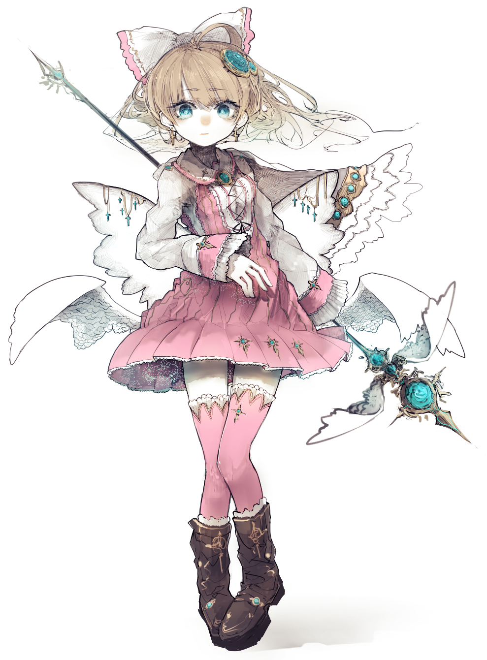 1girl, aqua_eyes, blonde_hair, boots, bow, cross, dress, expressionless