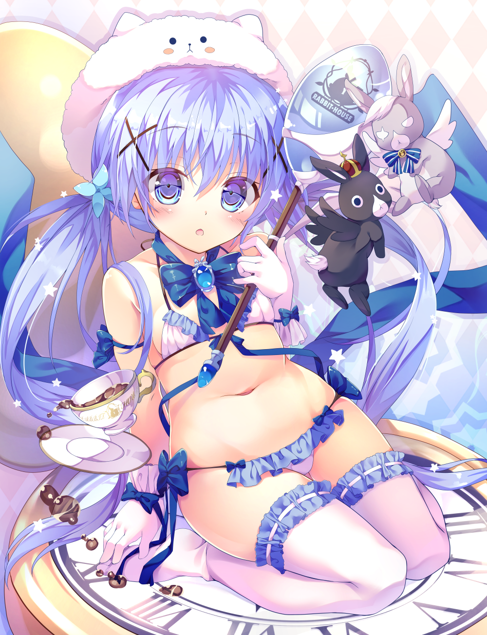 1girl, anko_(gochuumon_wa_usagi_desuka?), bikini, blue_eyes, blue_hair, blue_ribbon, cedama, clock, frilled_bikini, frills, gochuumon_wa_usagi_desu_ka?, hair_ornament, hat, highres, kafuu_chino, long_hair, magical_girl, navel, oversized_object, pocket_watch, rabbit, ribbon, saucer, spill, swimsuit, thigh-highs, tippy_(gochuumon_wa_usagi_desuka?), twintails, wand, watch, white_bikini, white_legwear, wild_geese, wings, x_hair_ornament