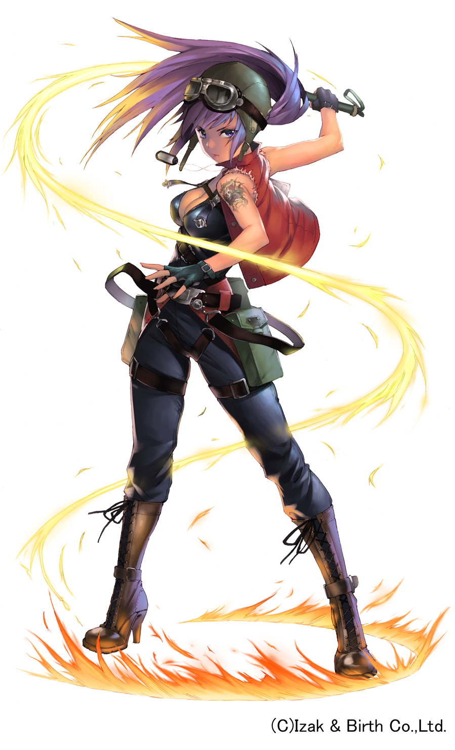 1girl, breasts, cleavage, dog_tags, female, fingerless_gloves, full_body, girls_on_metal