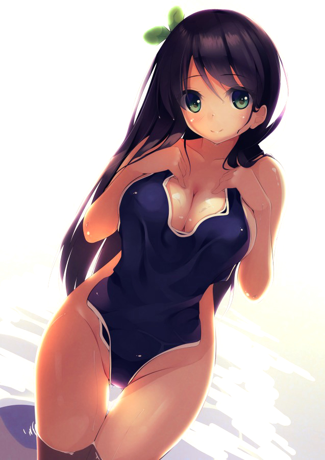 1girl, bangs, black_hair, blush, breasts, cleavage, clothes_in_front, covering