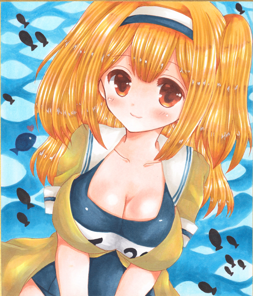 1girl, asa1014, breasts, hairband, i-26_(kantai_collection), kantai_collection, large_breasts, light_brown_eyes