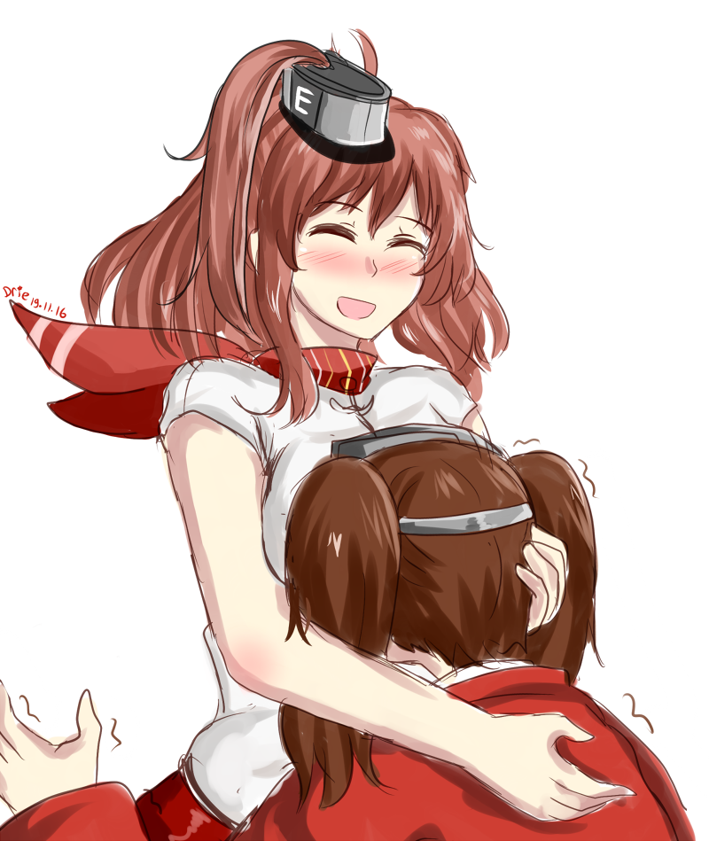 2girls, :d, artist_name, blush, breasts, brown_hair, closed_eyes, dated