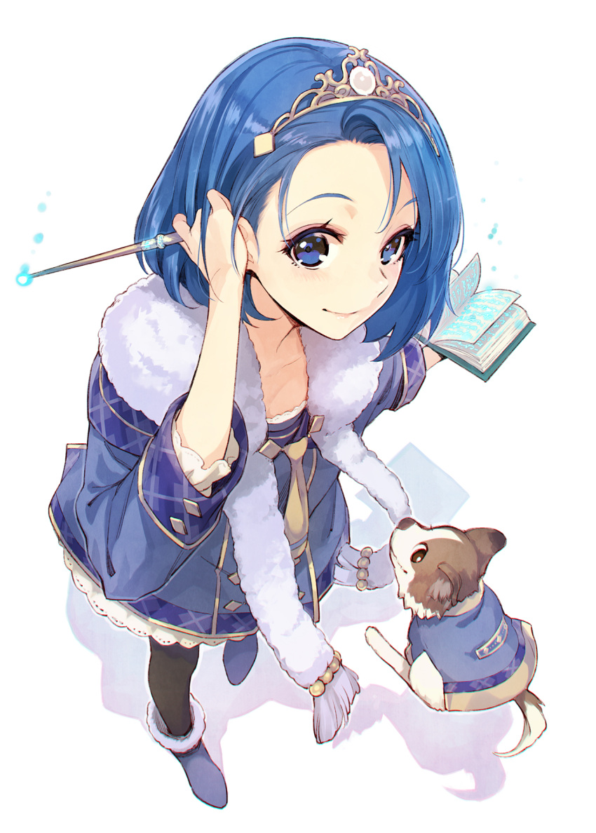 1girl, animal, black_legwear, blue_eyes, blue_hair, book, chippu, closed_mouth
