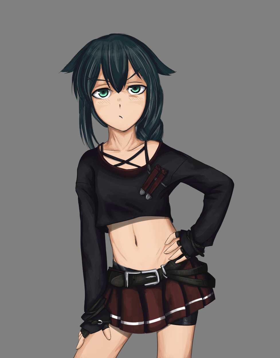 1girl, androth, angry, belt, bike_shorts, braid, collaboration, collarbone
