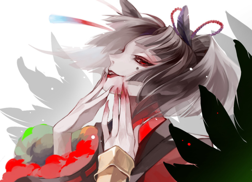 1boy, androgynous, black_hair, eyelashes, feathers, fingernails, hair_feathers, japanese_clothes, kogarasumaru_(touken_ranbu), lips, male_focus, mole, mole_under_eye, ponytail, red_eyes, settsu_decopon, sharp_fingernails, solo, touken_ranbu