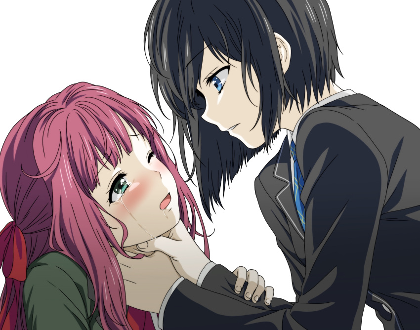 2girls, asphyxiation, black_hair, blue_eyes, blush, crying, green_eyes, hair_ribbon