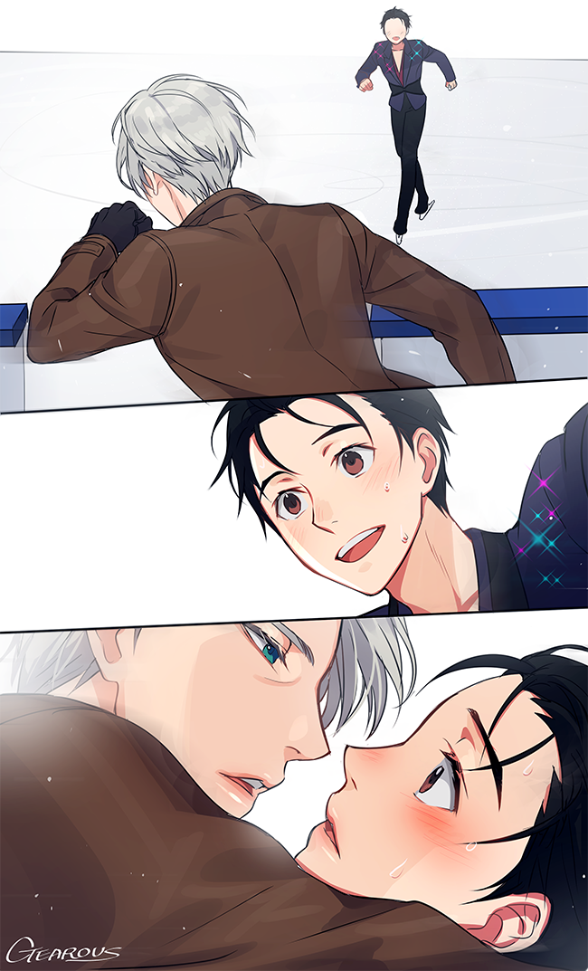 2boys, black_hair, blush, brown_eyes, coat, comic, eye_contact, gearous