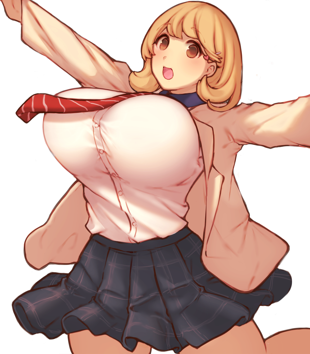 1girl, bouncing_breasts, breasts, brown_eyes, brown_hair, huge_breasts, jacket, looking_at_viewer