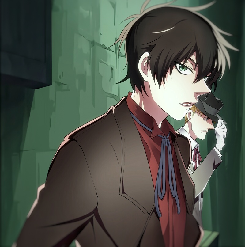 2boys, beard, black_hair, blonde_hair, butch_cassidy, drifters, facial_hair, fujiwara_riyu