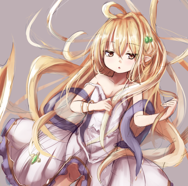 1girl, ahoge, alternate_eye_color, bangs, baram, blonde_hair, brown_eyes, dress