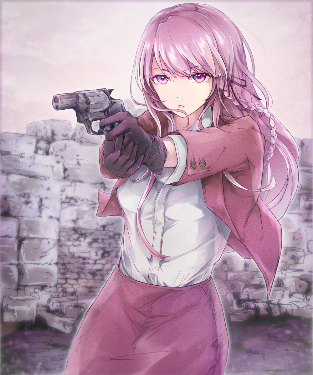1girl, aiming, akira_(aky-la), braid, dangan_ronpa, dangan_ronpa_1, dangan_ronpa_3, gloves