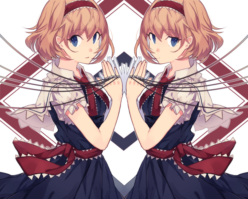 1girl, alice_margatroid, apron, ascot, blonde_hair, blue_dress, blue_eyes, commentary_request
