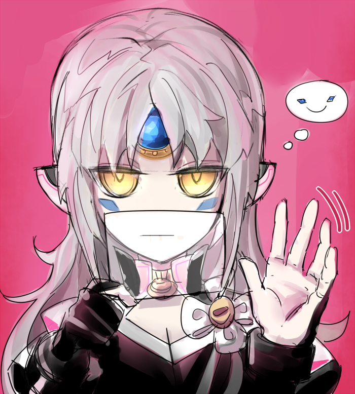 1girl, :|, code:_nemesis_(elsword), covering_mouth, elsword, eve_(elsword), expressionless, facial_tattoo, fingerless_gloves, gloves, headgear, jitome, kas2a_rr, long_hair, looking_at_viewer, pink_background, simple_background, single_glove, sketch, smile, solo, tattoo, thought_bubble, waving, white_hair, yellow_eyes