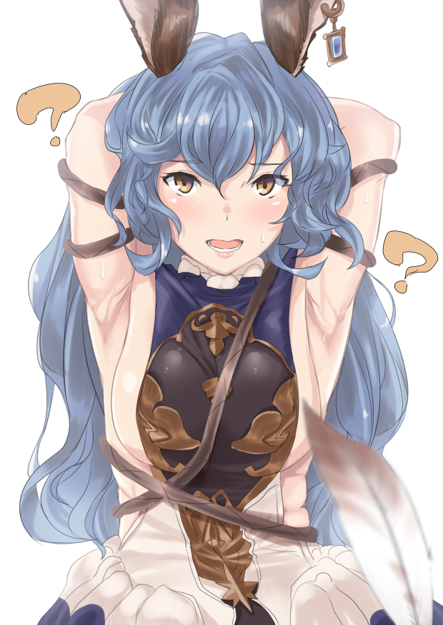 1girl, ?, animal_ears, armpits, arms_behind_head, blue_hair, blush, breasts