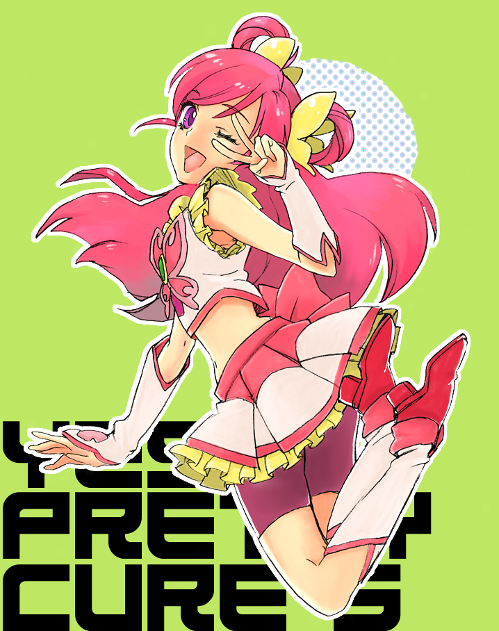bike_shorts, cure_dream, futari_wa_pretty_cure, green_background, jumping, long_hair, magical_girl, midriff