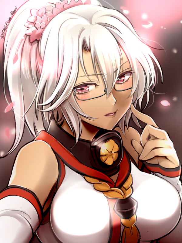 1girl, alternate_hairstyle, bare_shoulders, blush, breasts, cherry_blossoms, cosplay, dark_skin, detached_sleeves, eyebrows, eyebrows_visible_through_hair, glasses, hair_between_eyes, kantai_collection, large_breasts, looking_at_viewer, musashi_(kantai_collection), ponytail, primary_stage, red_eyes, semi-rimless_glasses, solo, twitter_username, white_hair, yamato_(kantai_collection), yamato_(kantai_collection)_(cosplay)