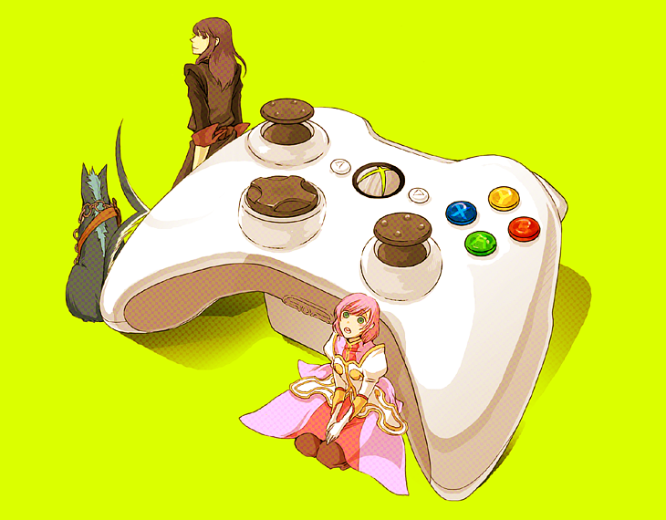 1boy, 1girl, bad_id, chain, chains, collar, controller, dog