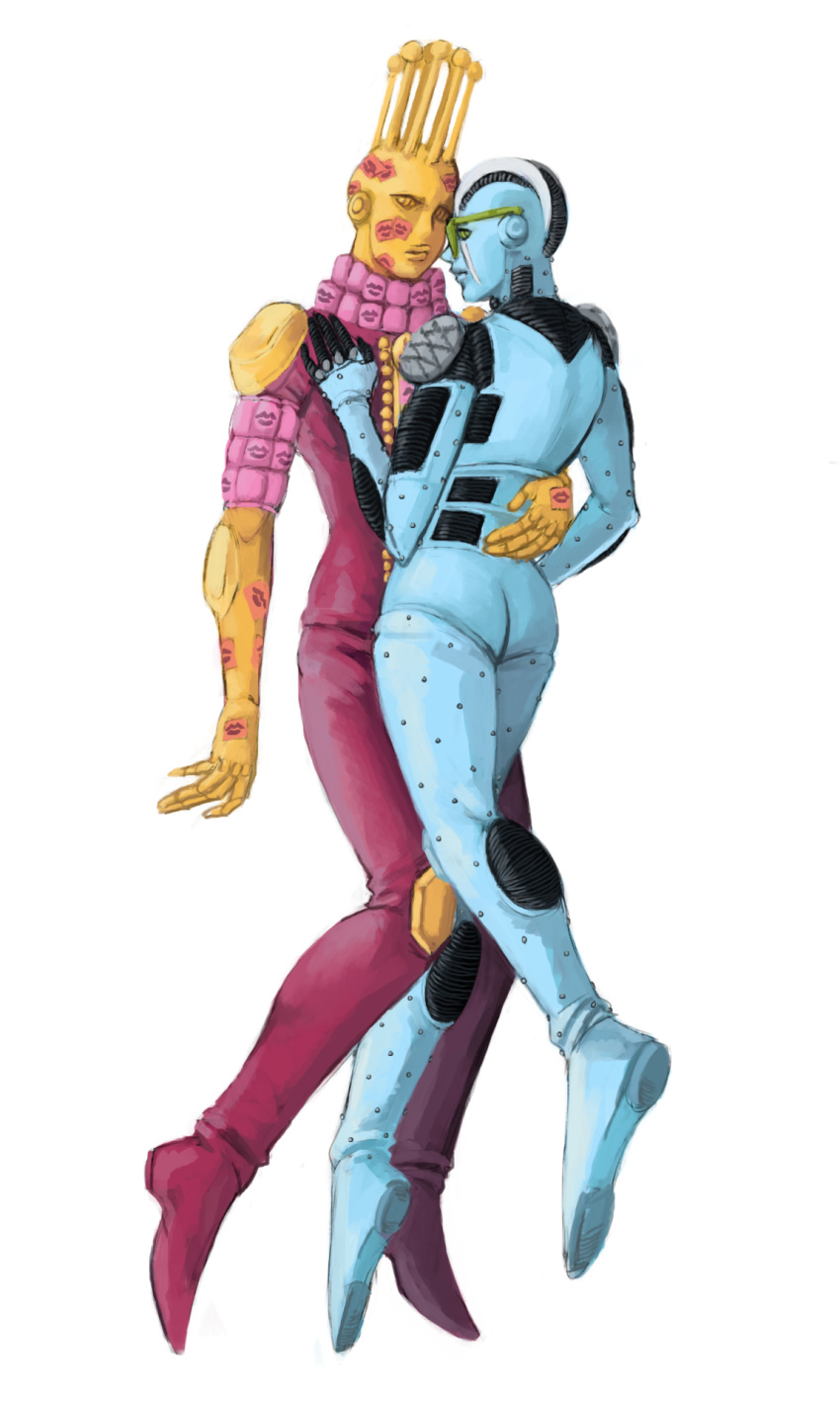 antennae, arm_around_waist, full_body, highres, jacqueline_leon, jojo_no_kimyou_na_bouken, kiss_(stand), no_humans, simple_background, stand_(jojo), stone_free, visor, white_background