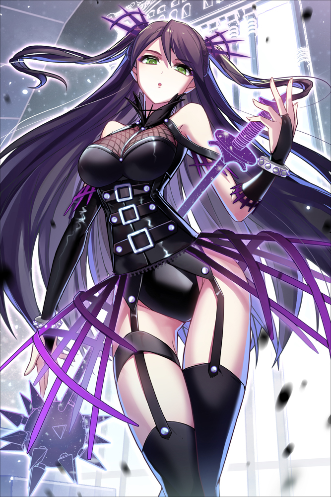 1girl, bare_shoulders, black_gloves, black_legwear, bloodline, breasts, daisy_(bloodline), gauntlets