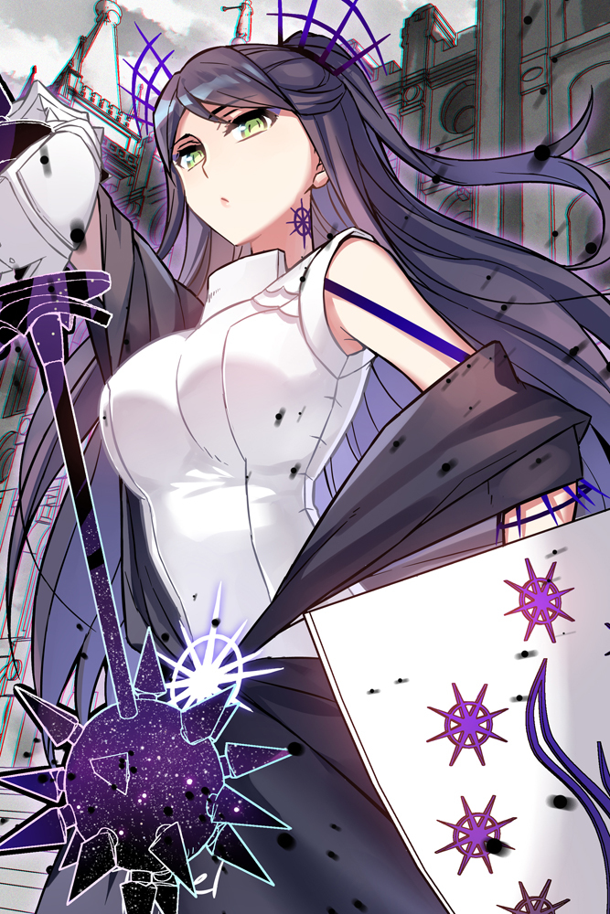 1girl, bare_shoulders, bloodline, breasts, daisy_(bloodline), green_eyes, holding, holding_weapon