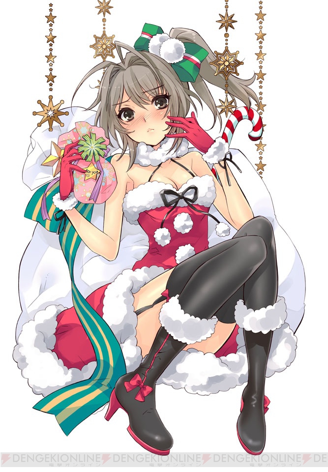1girl, bare_shoulders, blush, boots, breasts, brown_eyes, candy, candy_cane