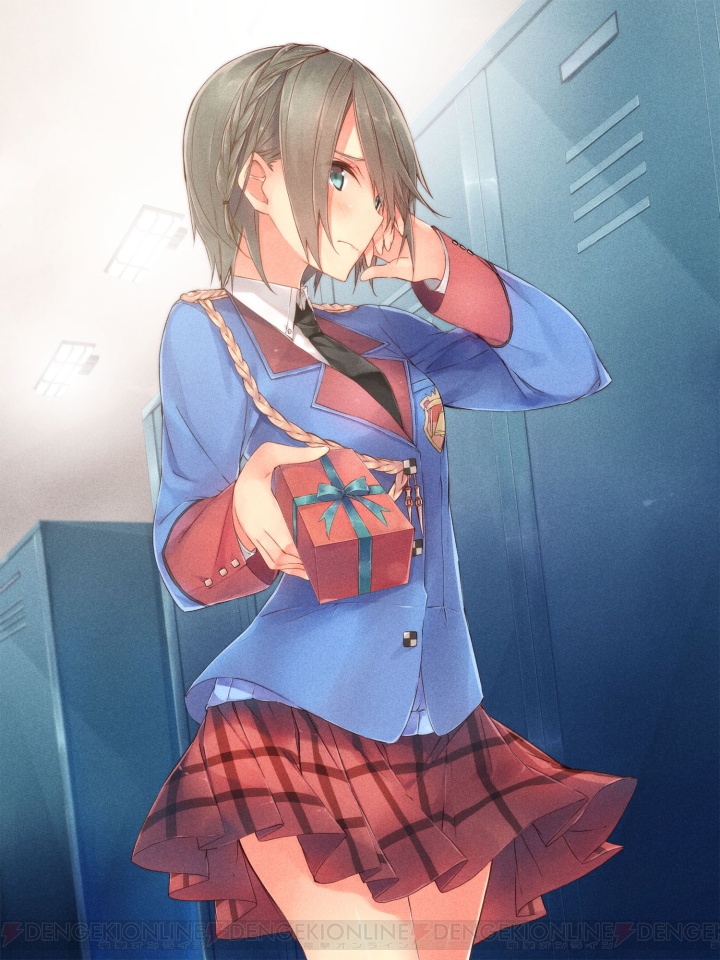 1girl, adjusting_hair, blazer, blue_eyes, blush, box, braid, breasts, brown_hair, collared_shirt, cowboy_shot, embarrassed, franca_martin, gift, gift_box, giving, incoming_gift, jacket, kuwashima_rein, locker, locker_room, looking_at_viewer, necktie, official_art, plaid, plaid_skirt, pleated_skirt, school_uniform, senjou_no_valkyria, senjou_no_valkyria_2, shirt, short_hair, skirt, solo