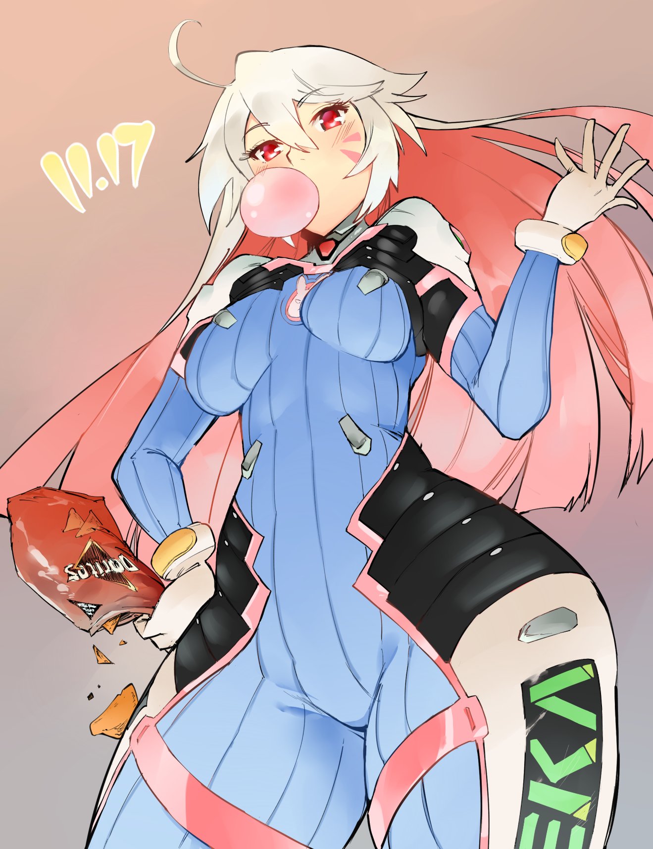 1girl, bodysuit, bubblegum, chips, d.va_(overwatch), d.va_(overwatch)_(cosplay), doritos, facial_mark, food, gloves, guilty_gear, guilty_gear_xrd, highres, jack-o_(guilty_gear), kenshin187, multicolored_hair, overwatch, red_eyes, redhead, two-tone_hair, white_hair