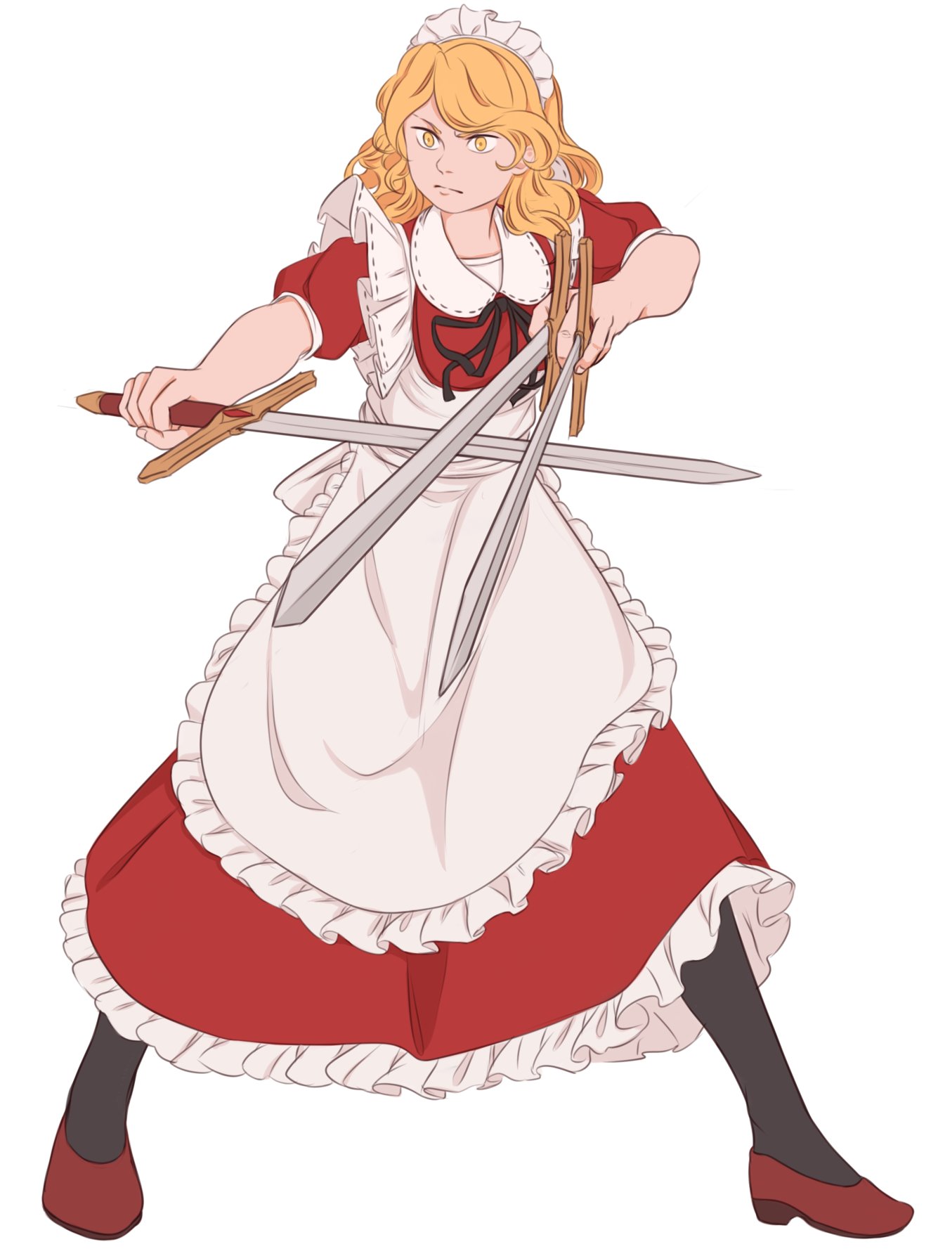 1girl, apron, blonde_hair, commentary, dress, frills, highres, maid