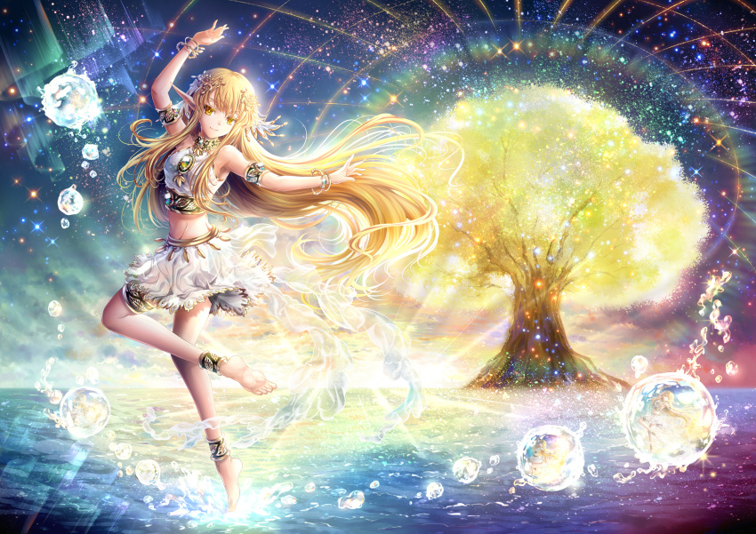 1girl, anklet, armlet, armpits, bangs, bare_shoulders, barefoot, blonde_hair