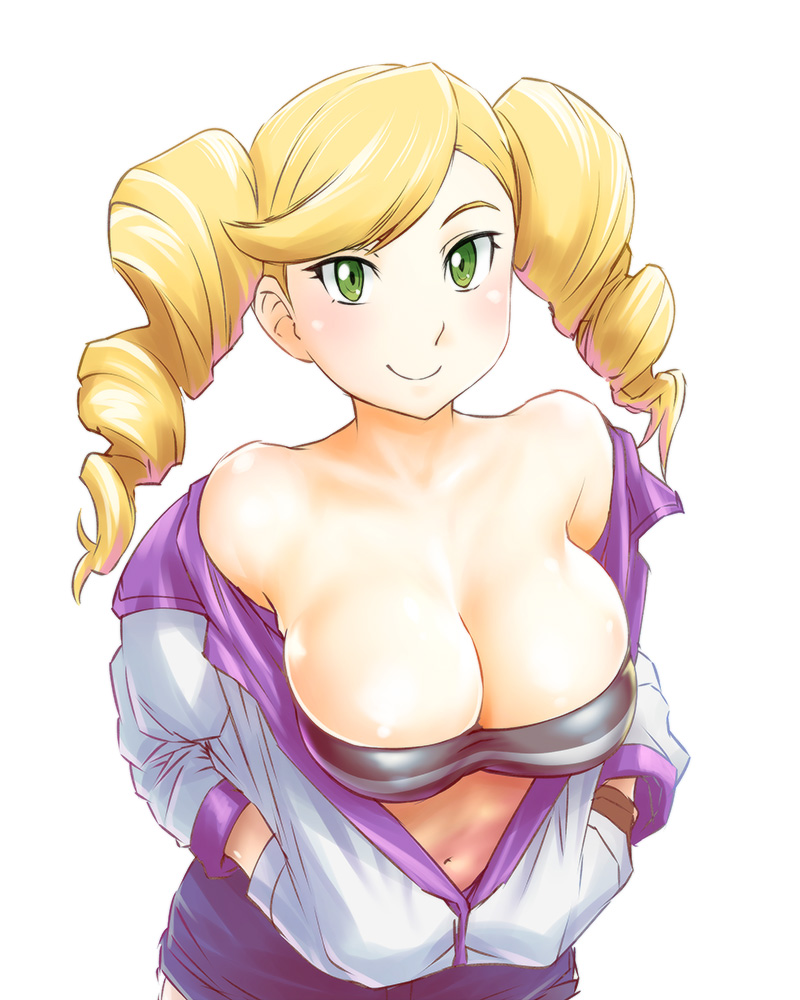 1girl, bare_shoulders, blonde_hair, blush, breasts, brown_gloves, cleavage, drill_hair