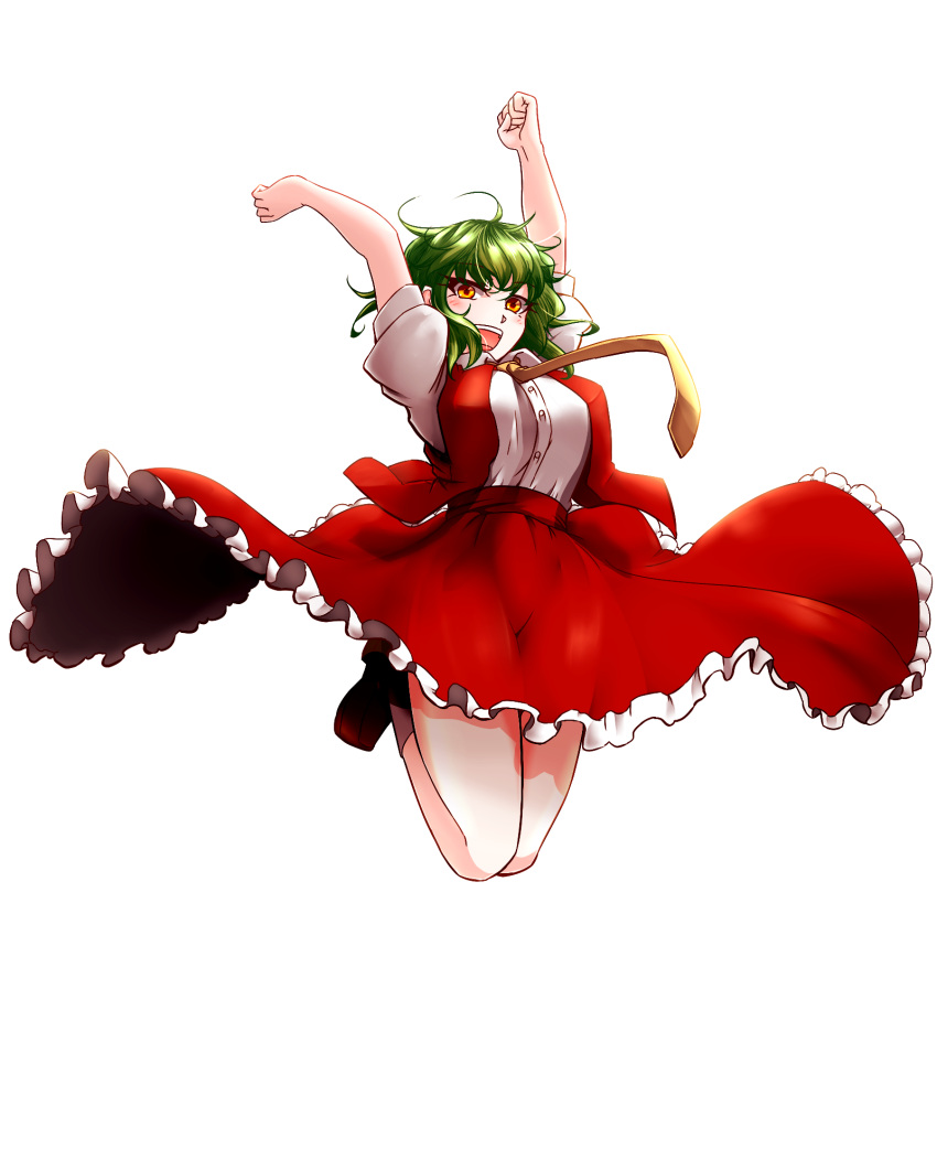 1girl, :d, adapted_costume, arms_up, bent_knees, bloom, blush, breasts