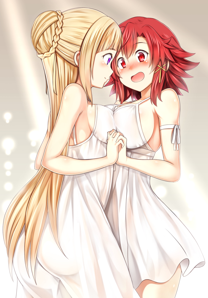 2girls, arm_ribbon, ass, asymmetrical_docking, bare_shoulders, blonde_hair, blush, breast_press