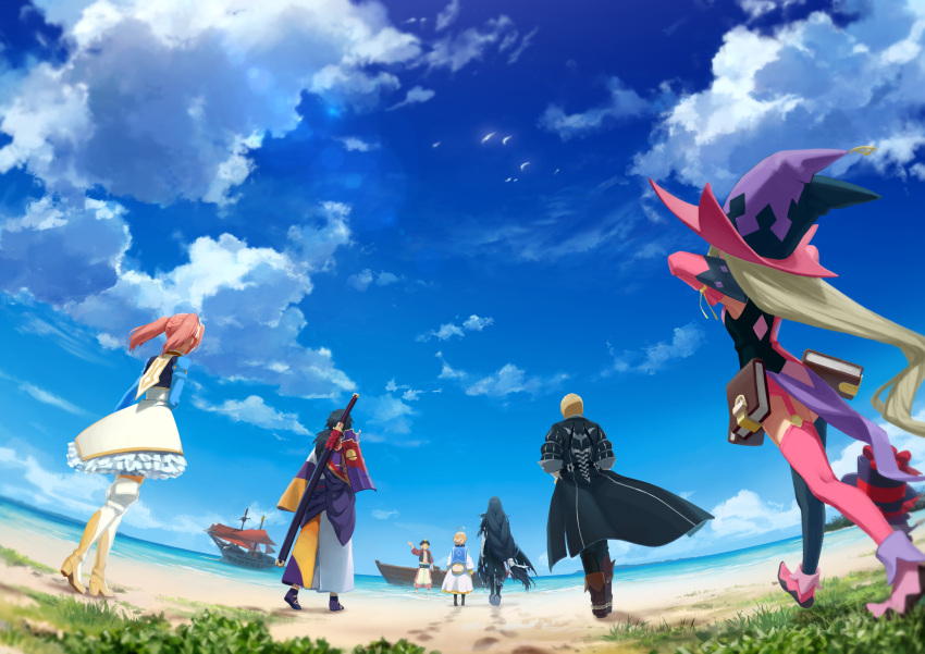 absurdres, ahoge, armpits, beach, bienfu_(tales), black_hair, blonde_hair, blue_sky, boat, book, boots, clouds, coat, detached_sleeves, dress, eizen_(tales), eleanor_hume, everyone, gloves, hat, highres, japanese_clothes, laphicet_(tales), long_hair, low_ponytail, magilou_(tales), mismatched_legwear, mosako, ocean, pink_hair, rokurou_rangetsu, sailor_collar, ship, sky, sword, tales_of_(series), tales_of_berseria, thigh-highs, thigh_boots, top_hat, twintails, velvet_crowe, very_long_hair, water, watercraft, weapon, witch_hat