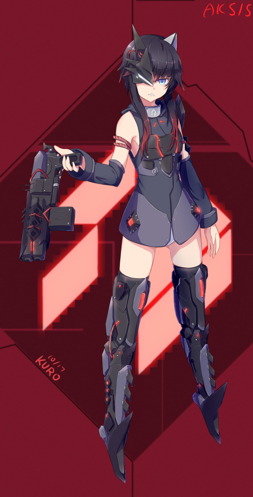 1girl, aksis_(destiny), arm_at_side, armlet, armor, armored_boots, armpits, bare_shoulders, black_boots, black_hair, blue_eyes, boots, breastplate, character_name, check_commentary, clenched_teeth, commentary, commentary_request, cyborg, destiny_(game), detached_sleeves, eyebrows, eyebrows_visible_through_hair, full_body, genderswap, genderswap_(mtf), glowing, gradient_hair, gun, headgear, highres, holding, holding_gun, holding_weapon, kuroda_kuwa, looking_at_viewer, multicolored_hair, one_eye_covered, panties, personification, redhead, sidelocks, siva_(destiny), skirt, sleeve_cuffs, sleeveless, teeth, thigh-highs, thigh_boots, underwear, weapon, white_panties