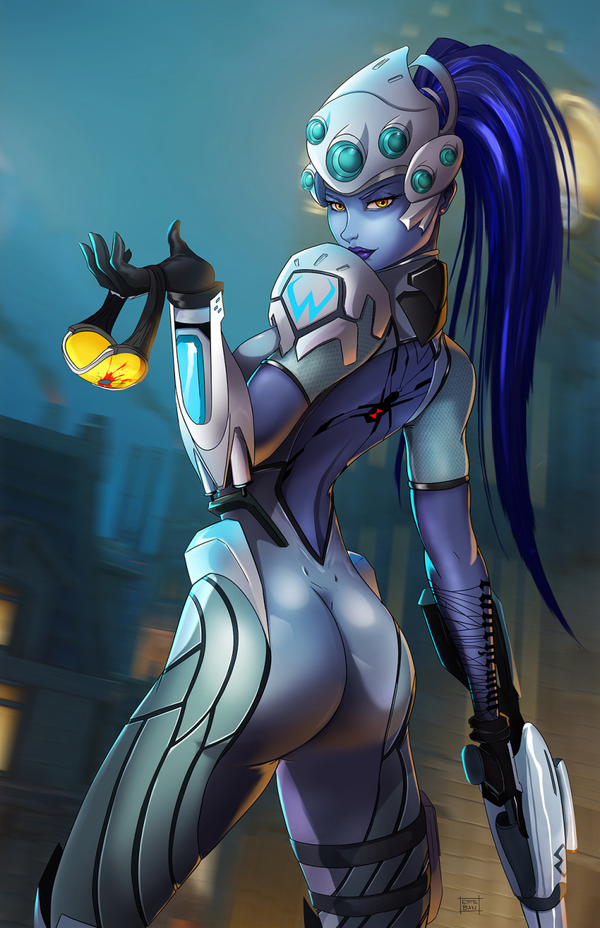 1girl, alternate_color, arm_tattoo, artist_name, ass, black_gloves, blood, blood_splatter, bodysuit, bullet_hole, city, cowboy_shot, earrings, elizabeth_tower, esteban_barrientos, from_behind, gloves, grey_bodysuit, gun, head_mounted_display, highres, holding, holding_goggles, holding_gun, holding_weapon, jewelry, lipstick, long_hair, looking_at_viewer, looking_back, makeup, night, outdoors, overwatch, ponytail, purple_hair, purple_lipstick, purple_skin, rifle, signature, skin_tight, smile, solo, stud_earrings, tattoo, tracer_(overwatch), trigger_discipline, visor, weapon, widowmaker_(overwatch), yellow_eyes
