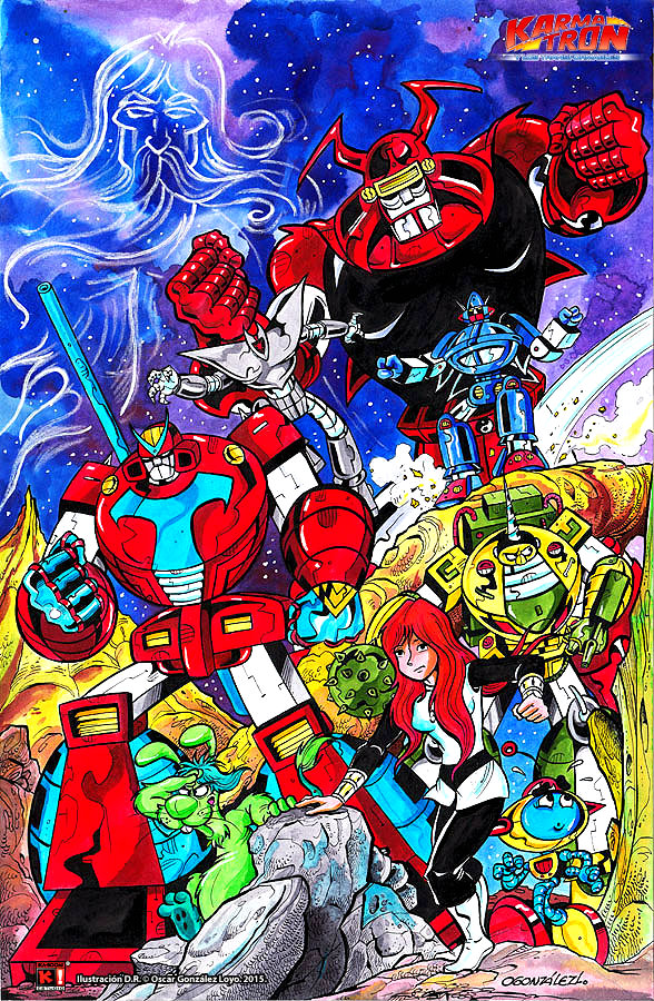 1girl, 2015, 70s, 80s, alien, aquarius_(karmatron), arm_cannon, armor, beam_rifle, beard, boots, bracelet, claws, clenched_hands, drill, energy_gun, facial_hair, fantasy, ghost, helmet, japanese_armor, jewelry, jiva, kabuto, karmatron, karmatron_y_los_transformables, katnatek, lis-ek, logo, long_hair, looking_afar, marker_(medium), mecha, official_art, official_style, oldschool, orange_hair, oscar_gonzalez_loyo, pet, promotional_art, robby_(karmatron), robot, scan, scared, science_fiction, serious, signature, size_difference, sky, spanish, spiked_mace, star_(sky), starry_sky, stelaris, super_robot, titan_(karmatron), traditional_media, unicorn_(karmatron), uniform, watercolor_(medium), watermark, weapon, yin_yang